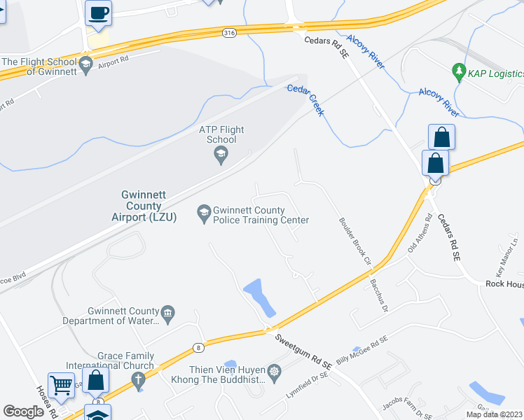 map of restaurants, bars, coffee shops, grocery stores, and more near 447 Grenier Terrace Northeast in Lawrenceville