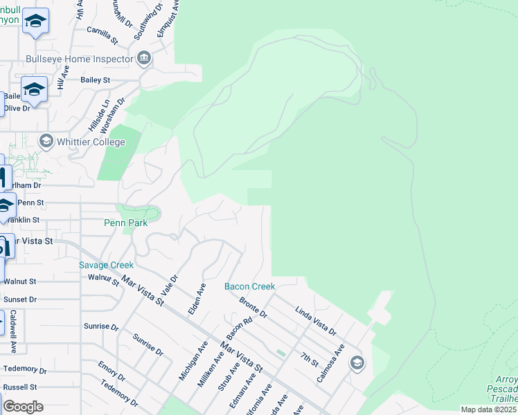 map of restaurants, bars, coffee shops, grocery stores, and more near 7603 Bowen Drive in Whittier