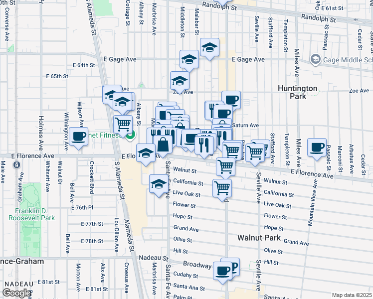 map of restaurants, bars, coffee shops, grocery stores, and more near 7110 Middleton Street in Huntington Park