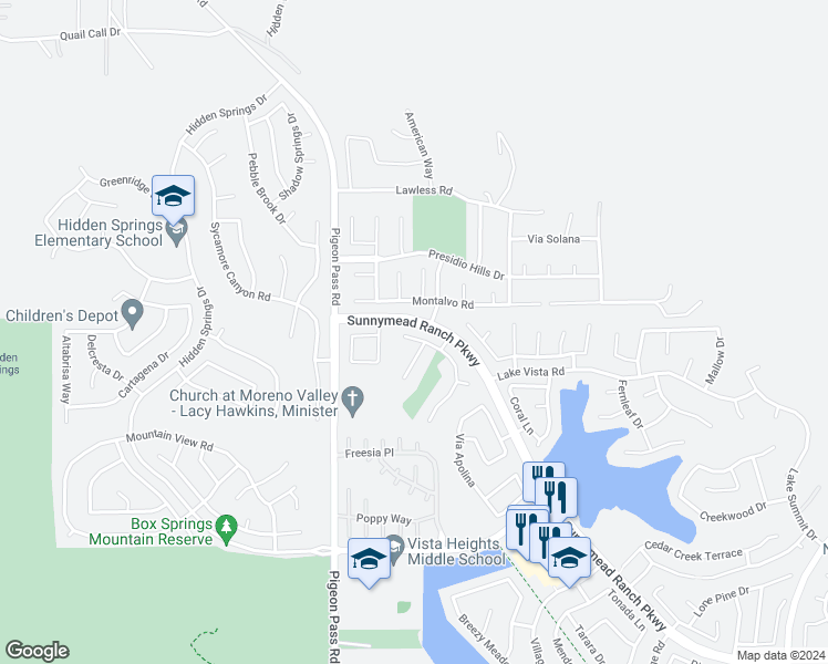 map of restaurants, bars, coffee shops, grocery stores, and more near 10040 Via Pescadero in Moreno Valley