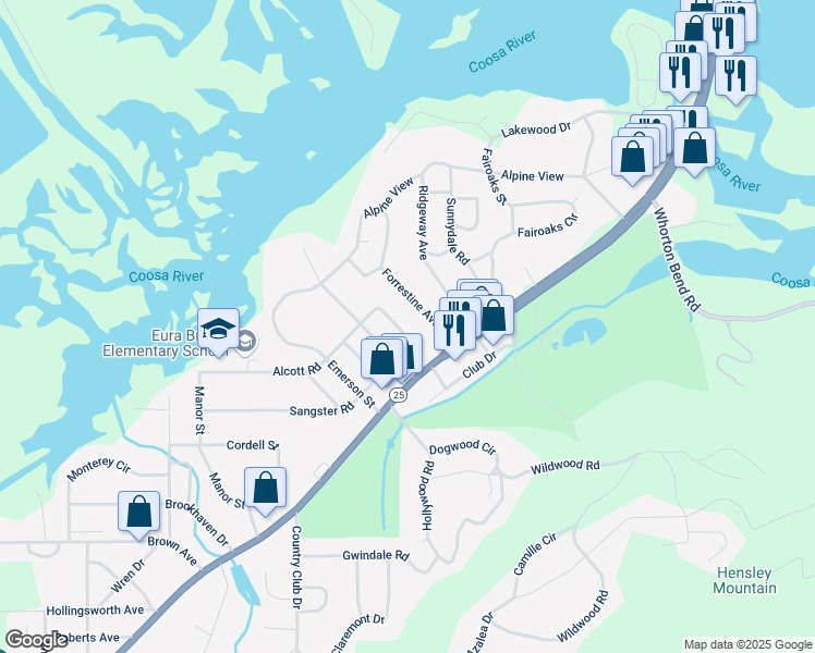 map of restaurants, bars, coffee shops, grocery stores, and more near 133 Whittier Street in Gadsden
