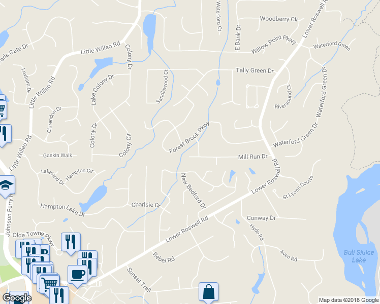map of restaurants, bars, coffee shops, grocery stores, and more near 5400 Mill Run Drive in Marietta