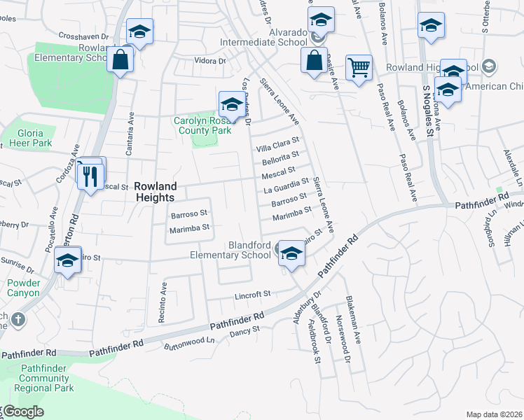 map of restaurants, bars, coffee shops, grocery stores, and more near 18602 Barroso Street in Rowland Heights
