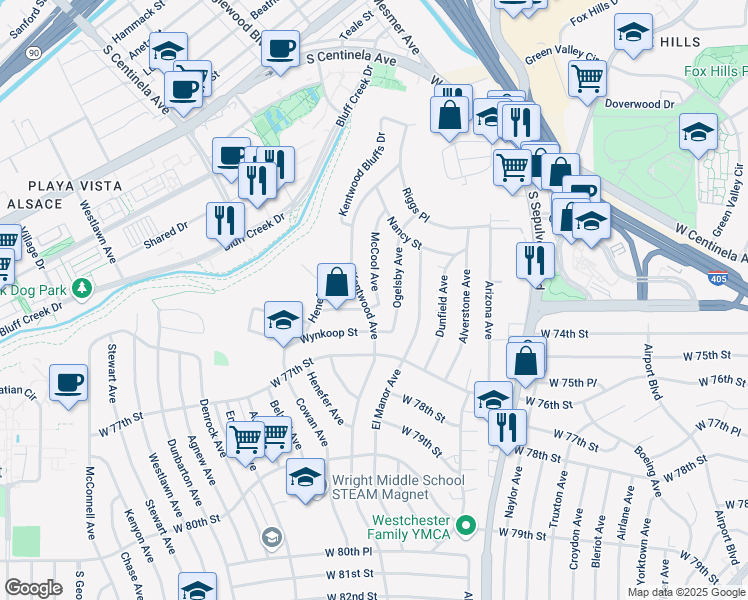 map of restaurants, bars, coffee shops, grocery stores, and more near 7425 McCool Avenue in Los Angeles