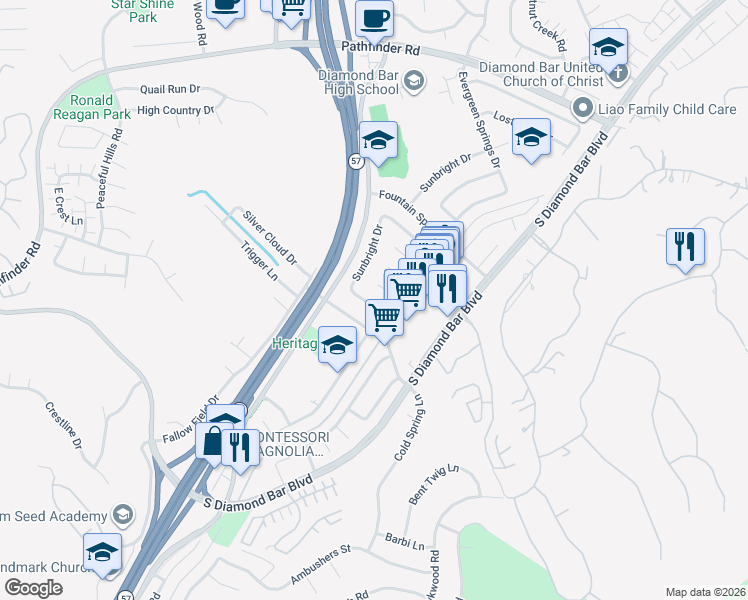 map of restaurants, bars, coffee shops, grocery stores, and more near 21237 Silver Cloud Drive in Diamond Bar