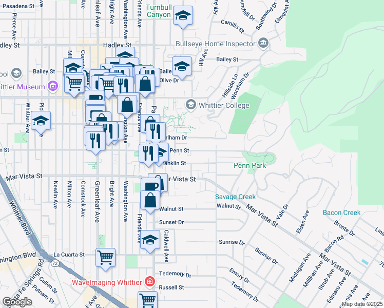 map of restaurants, bars, coffee shops, grocery stores, and more near 13702 Penn Street in Whittier