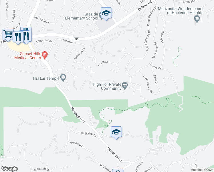 map of restaurants, bars, coffee shops, grocery stores, and more near 16150 High Tor Drive in Hacienda Heights