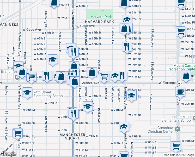 map of restaurants, bars, coffee shops, grocery stores, and more near 1604 West 71st Street in Los Angeles