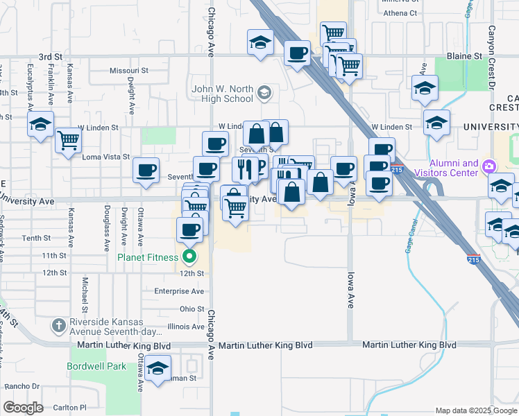 map of restaurants, bars, coffee shops, grocery stores, and more near 1510 University Avenue in Riverside