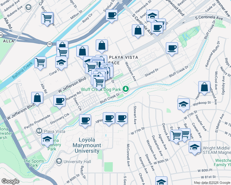 map of restaurants, bars, coffee shops, grocery stores, and more near 12705 Bluff Creek Drive in Los Angeles