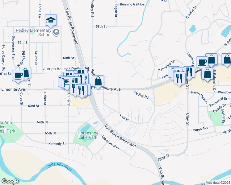 map of restaurants, bars, coffee shops, grocery stores, and more near 8616 Limonite Avenue in Riverside
