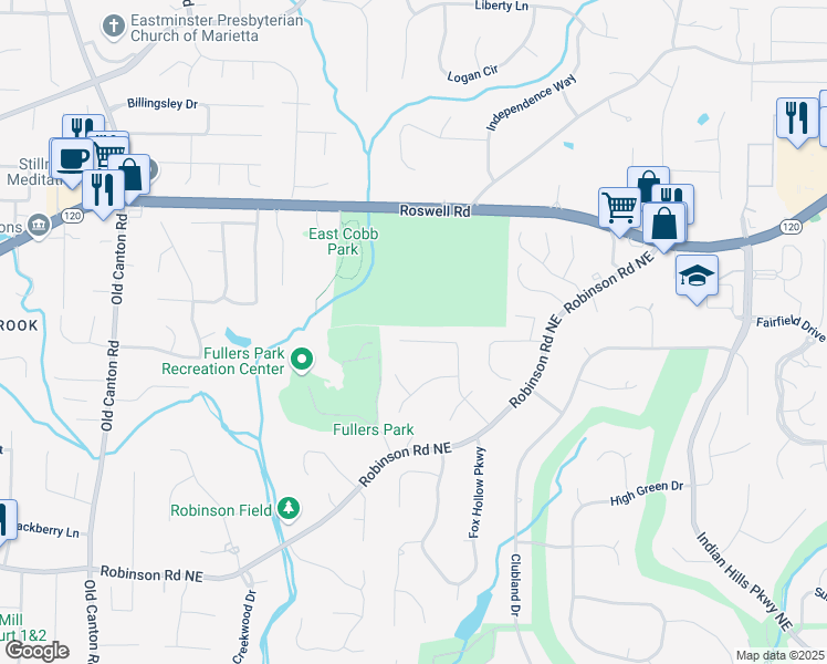 map of restaurants, bars, coffee shops, grocery stores, and more near 1018 Hidden Hollow Drive in Marietta