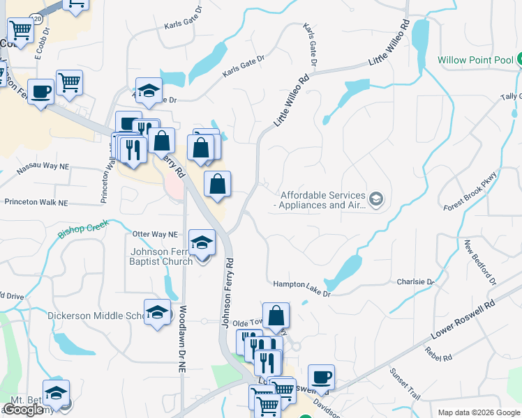 map of restaurants, bars, coffee shops, grocery stores, and more near 4917 Gaskin Walk in Marietta