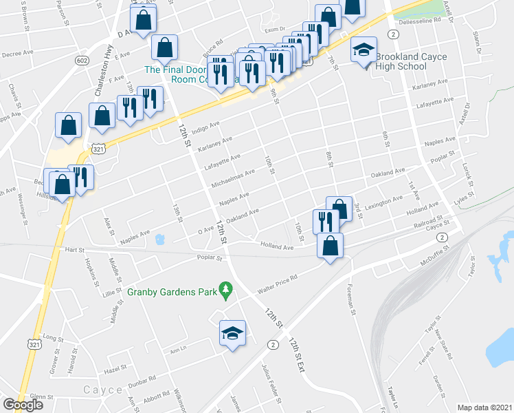 map of restaurants, bars, coffee shops, grocery stores, and more near 1040 Oakland Avenue in Cayce