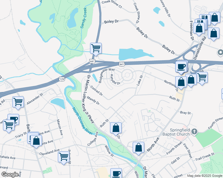 map of restaurants, bars, coffee shops, grocery stores, and more near 258 Fern Ridge Court in Athens