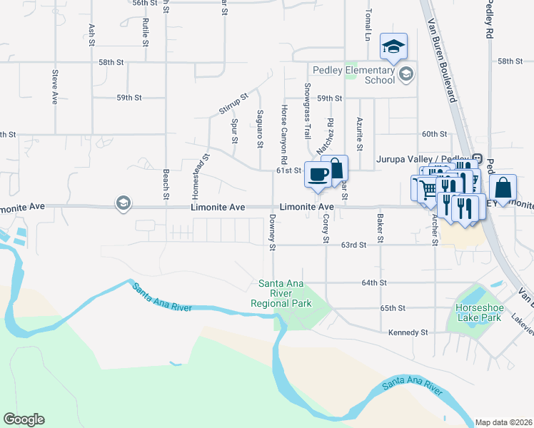 map of restaurants, bars, coffee shops, grocery stores, and more near 9401 Venetian Way in Jurupa Valley