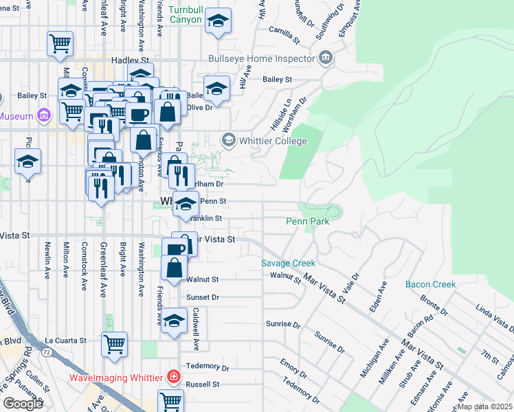 map of restaurants, bars, coffee shops, grocery stores, and more near 13756 Penn Street in Whittier