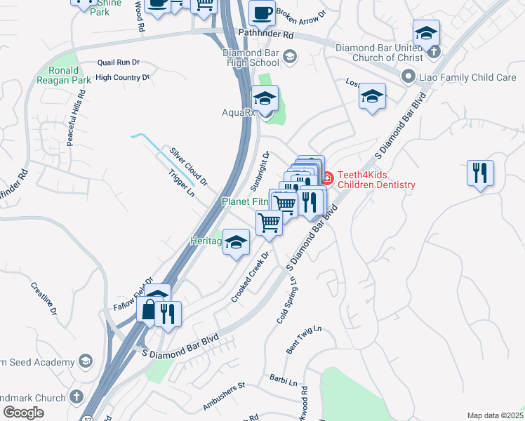 map of restaurants, bars, coffee shops, grocery stores, and more near 21237 Silver Cloud Drive in Diamond Bar