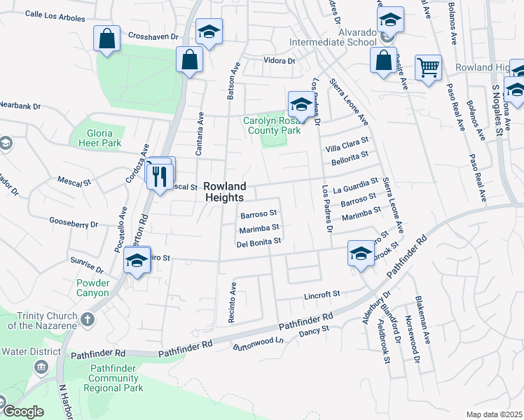 map of restaurants, bars, coffee shops, grocery stores, and more near 18469 Barroso Street in Rowland Heights
