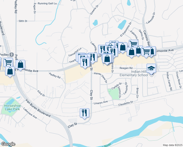 map of restaurants, bars, coffee shops, grocery stores, and more near 6301 Clay Street in Riverside
