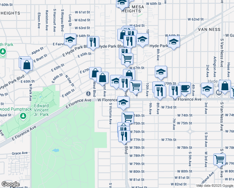 map of restaurants, bars, coffee shops, grocery stores, and more near 7112 South Victoria Avenue in Los Angeles