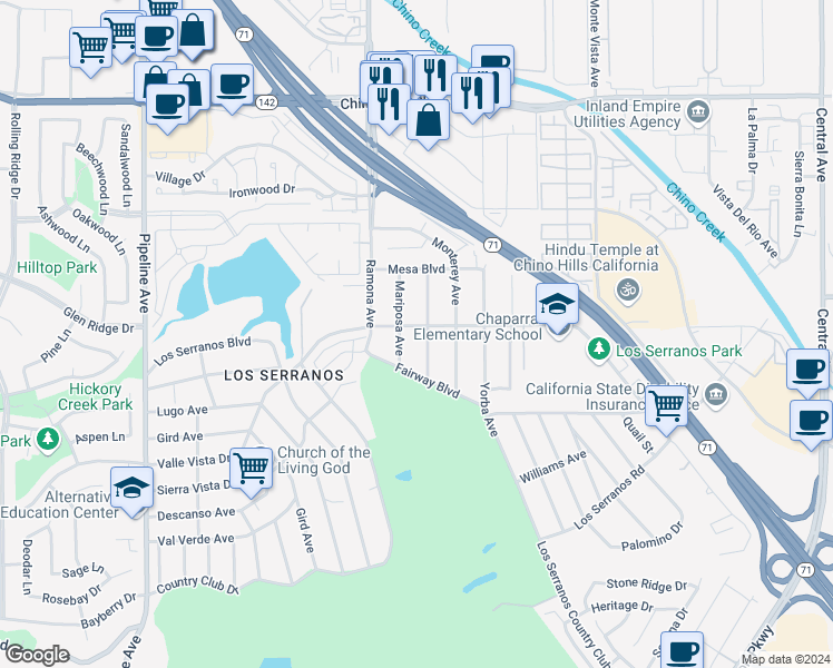 map of restaurants, bars, coffee shops, grocery stores, and more near 4581 Bird Farm Road in Chino Hills