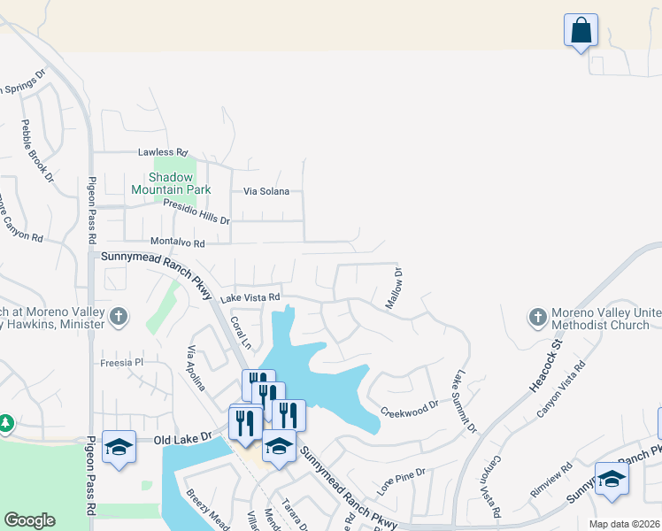 map of restaurants, bars, coffee shops, grocery stores, and more near 10026 Thornbird Court in Moreno Valley