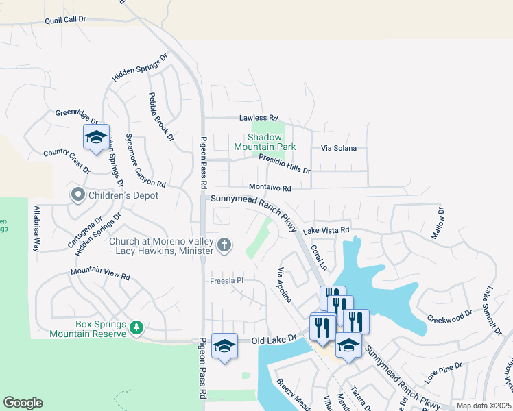 map of restaurants, bars, coffee shops, grocery stores, and more near 10060 Via Pescadero in Moreno Valley
