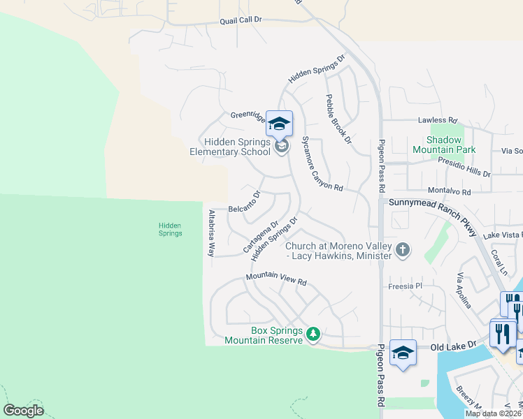 map of restaurants, bars, coffee shops, grocery stores, and more near 10050 Miracanto Way in Moreno Valley