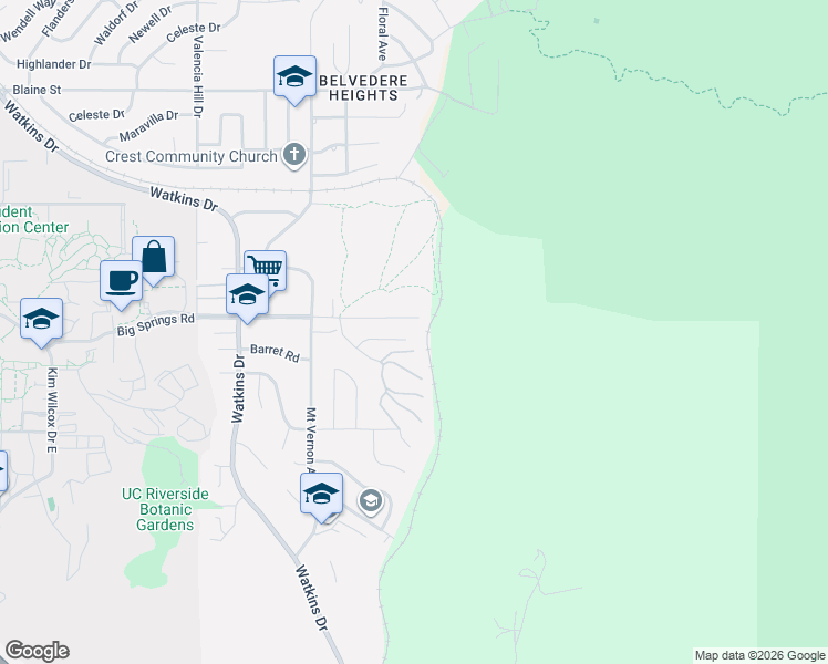 map of restaurants, bars, coffee shops, grocery stores, and more near 300 Hillandale Court in Riverside
