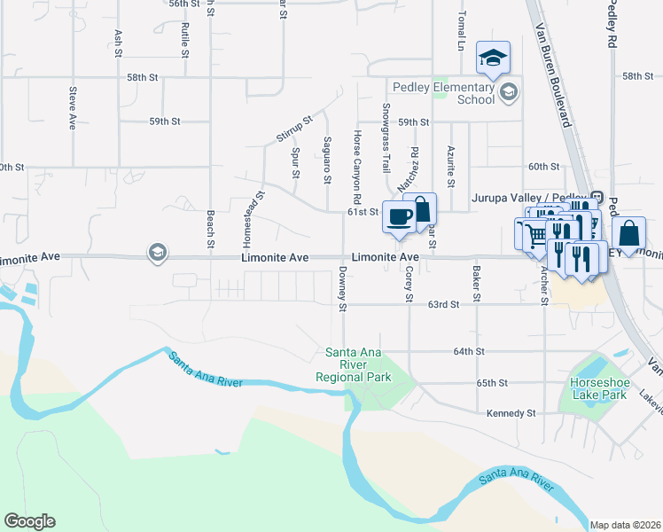 map of restaurants, bars, coffee shops, grocery stores, and more near 9413 Venetian Way in Jurupa Valley