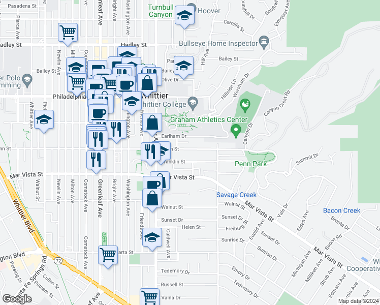 map of restaurants, bars, coffee shops, grocery stores, and more near 13606 Penn Street in Whittier