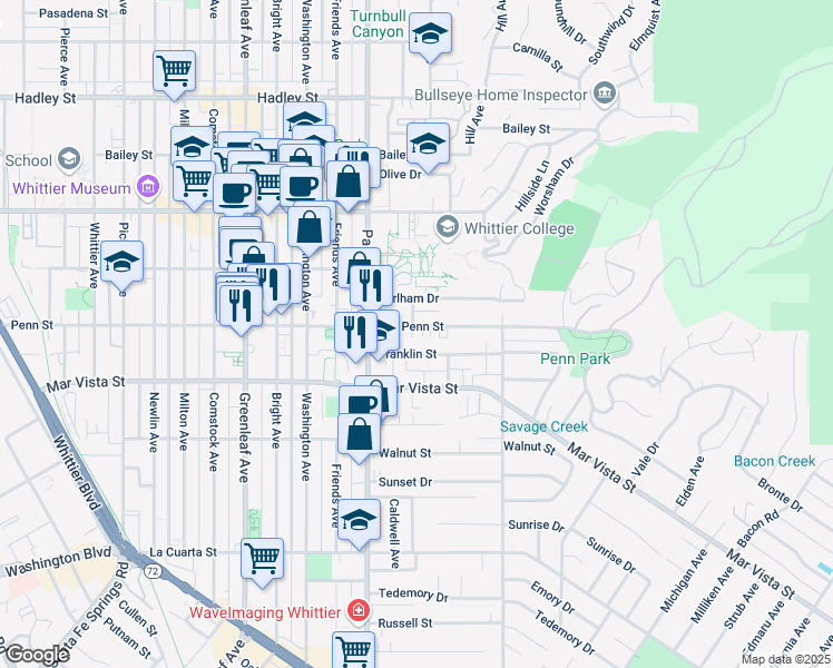 map of restaurants, bars, coffee shops, grocery stores, and more near 13606 Penn Street in Whittier