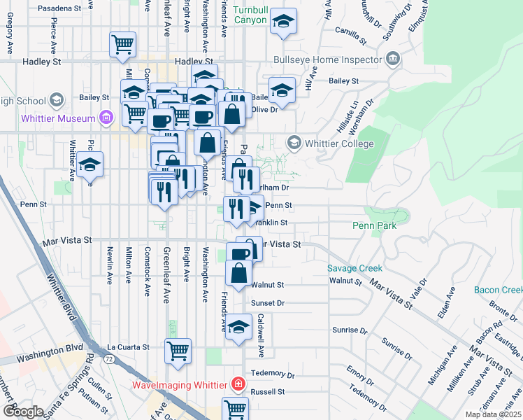 map of restaurants, bars, coffee shops, grocery stores, and more near in Whittier