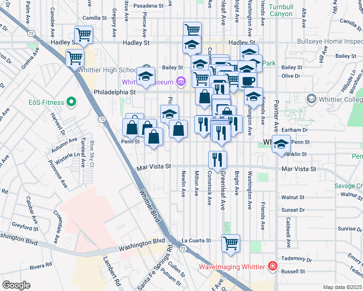 map of restaurants, bars, coffee shops, grocery stores, and more near 7319 Newlin Avenue in Whittier
