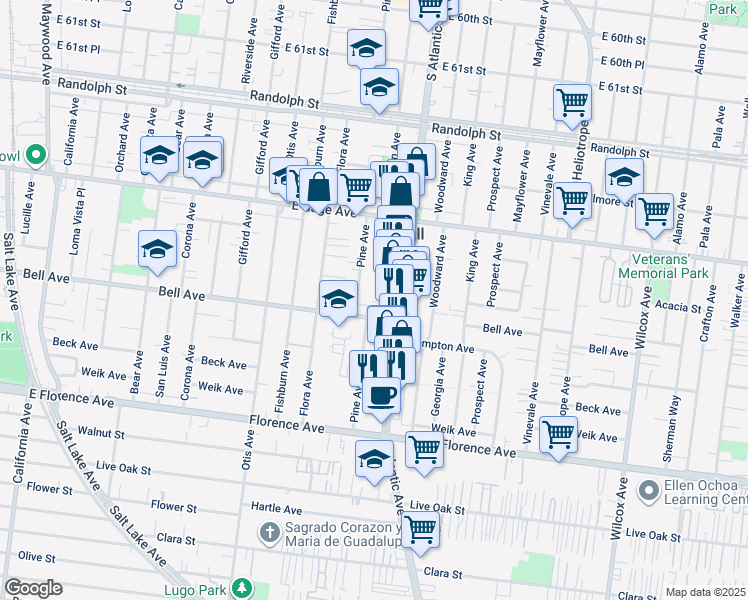 map of restaurants, bars, coffee shops, grocery stores, and more near 6710 Clarkson Avenue in Bell