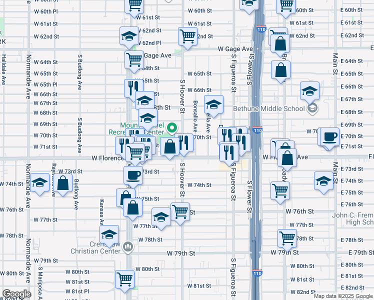 map of restaurants, bars, coffee shops, grocery stores, and more near 7108 South Hoover Street in Los Angeles