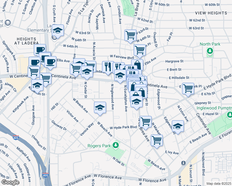 map of restaurants, bars, coffee shops, grocery stores, and more near 221 West Plymouth Street in Inglewood