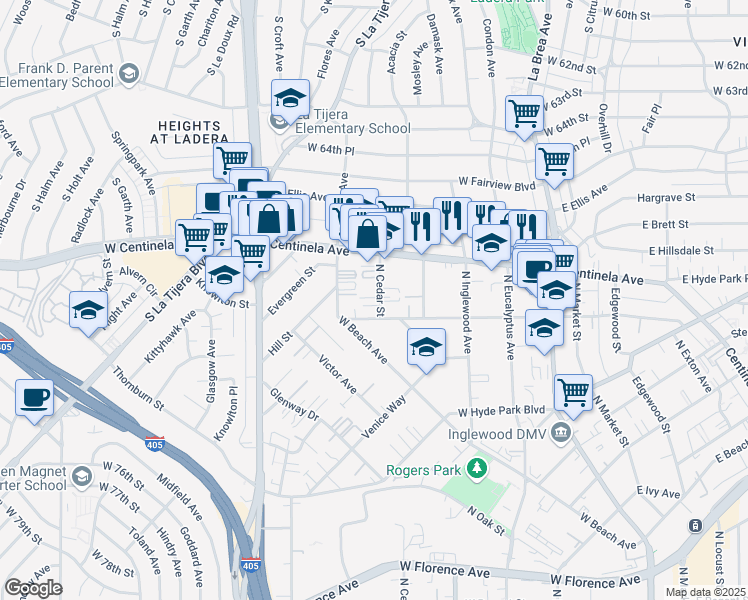 map of restaurants, bars, coffee shops, grocery stores, and more near 914 North Cedar Street in Inglewood