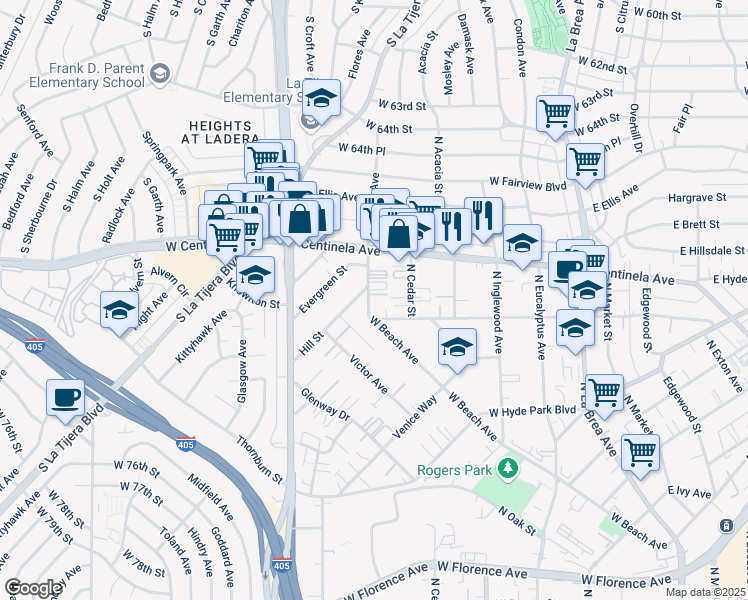 map of restaurants, bars, coffee shops, grocery stores, and more near 916 West Beach Avenue in Inglewood