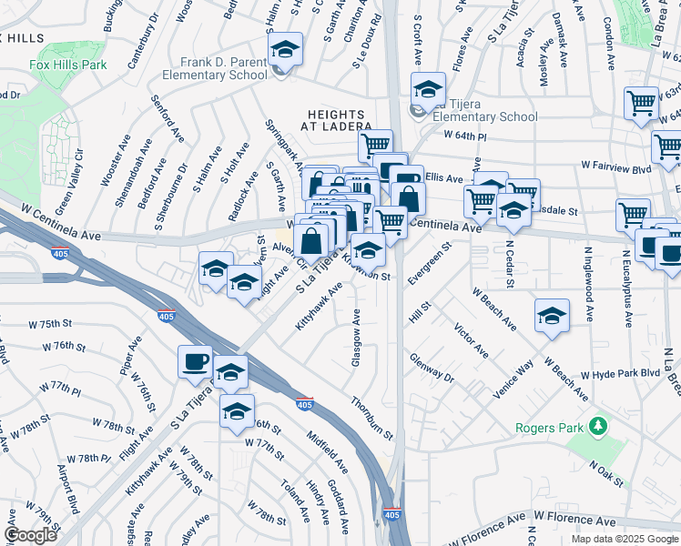 map of restaurants, bars, coffee shops, grocery stores, and more near 6921 Kittyhawk Avenue in Los Angeles