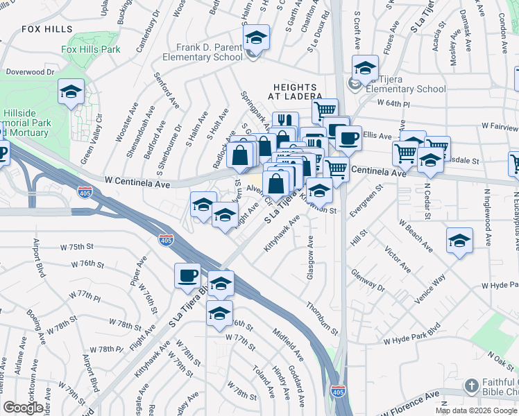 map of restaurants, bars, coffee shops, grocery stores, and more near 7022 Flight Avenue in Los Angeles