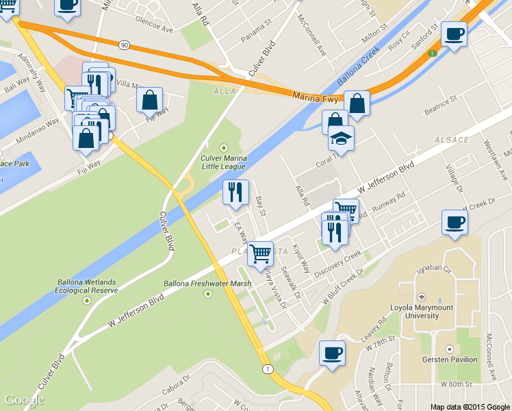 map of restaurants, bars, coffee shops, grocery stores, and more near 15 Playa Vista Drive in Los Angeles