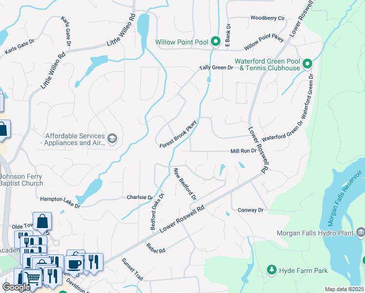 map of restaurants, bars, coffee shops, grocery stores, and more near 5400 Mill Run Drive in Marietta