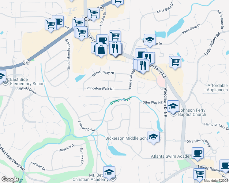 map of restaurants, bars, coffee shops, grocery stores, and more near 1078 Princeton Walk Northeast in Marietta