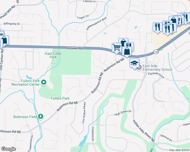 map of restaurants, bars, coffee shops, grocery stores, and more near 3600 Robinson Walk Drive in Marietta