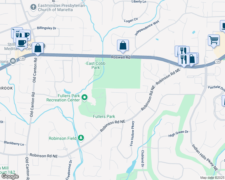 map of restaurants, bars, coffee shops, grocery stores, and more near 1018 Hidden Hollow Drive in Marietta