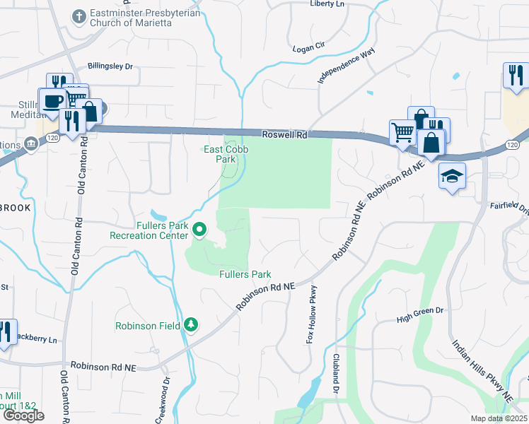map of restaurants, bars, coffee shops, grocery stores, and more near 1018 Hidden Hollow Drive in Marietta