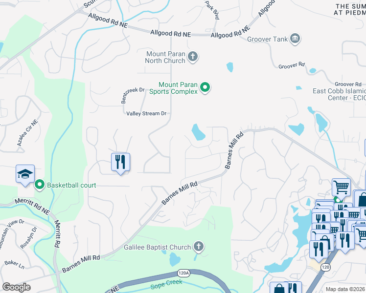 map of restaurants, bars, coffee shops, grocery stores, and more near 953 Mill Stone Drive in Marietta