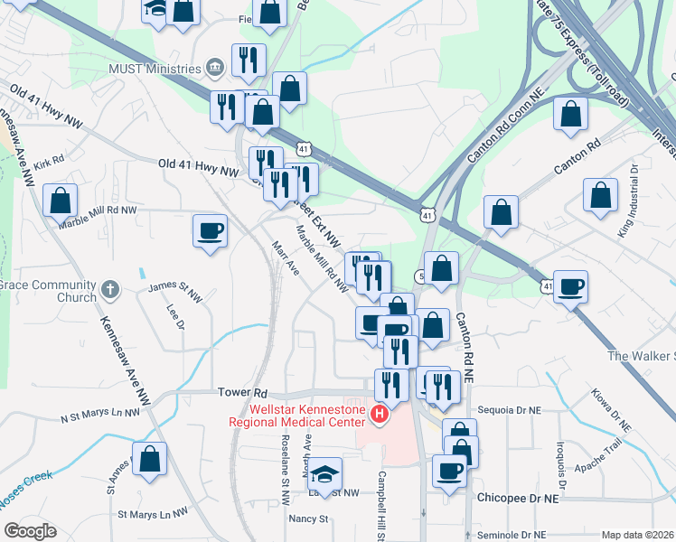 map of restaurants, bars, coffee shops, grocery stores, and more near 1371 Church Street Extension Northwest in Marietta